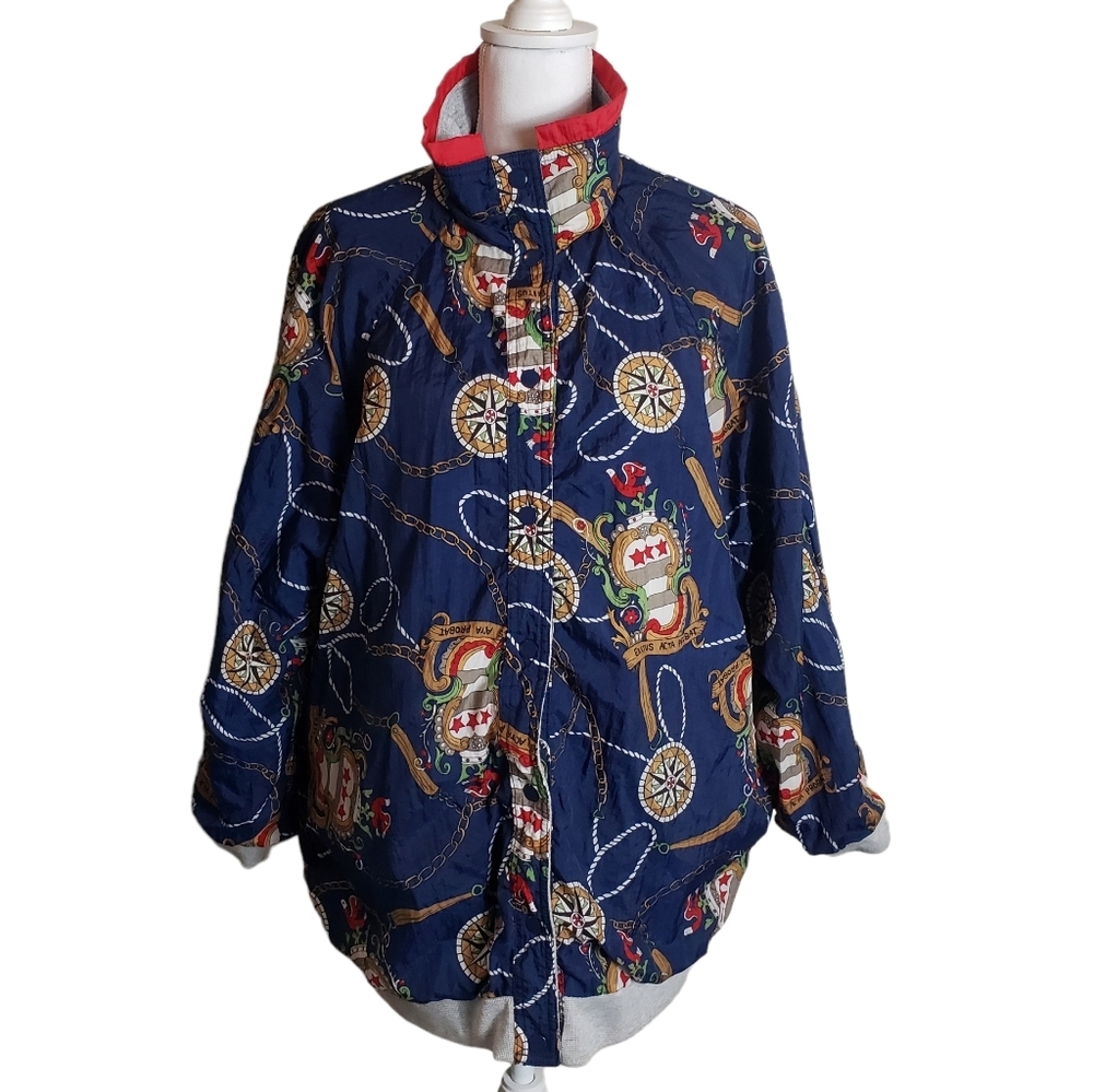 Vintage Reversible Jacket One Size 1X ? Nautical Print Nylon Fleece Coat Pockets